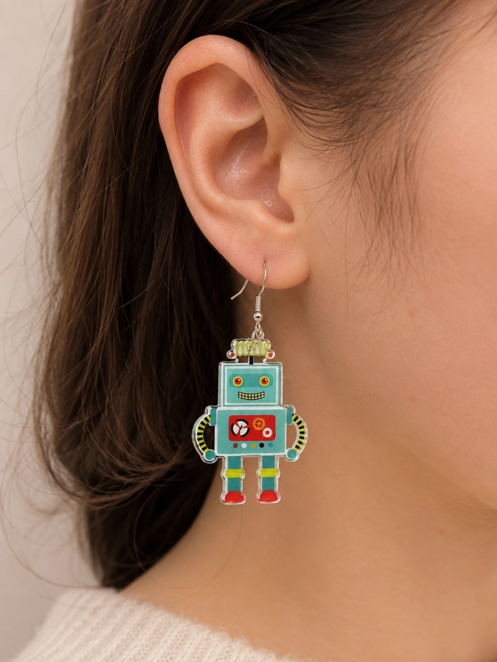 Playful Robot Dangle Drop Earrings   Cute Kawaii New